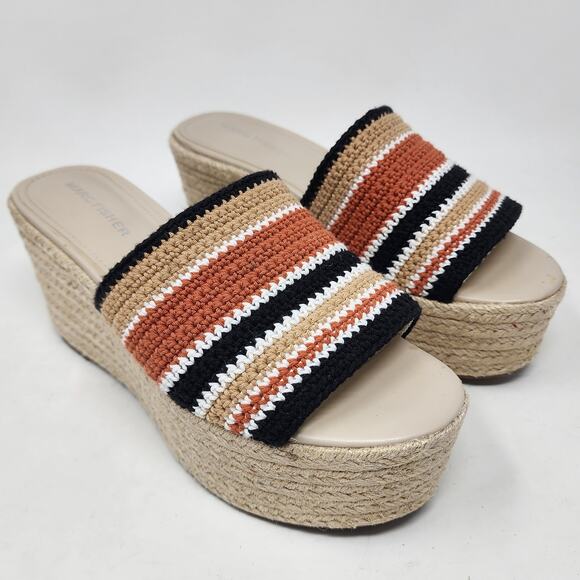 Marc Fisher Slide Sandals Women 8.5M Lannia Platform Black Rust Crochet Jute - Picture 1 of 11